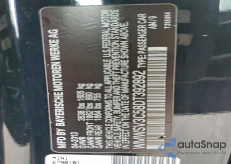 2013 Mini Cooper S z USA, uszkodzony, nr VIN WMWSV3C58DT392892